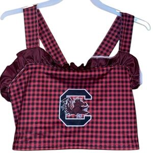 •GAMECOCKS•USC GAMECOCKS GARNET & BLACK GINGHAM RUFFLE STRAP LOGO BIKINI  14/16
